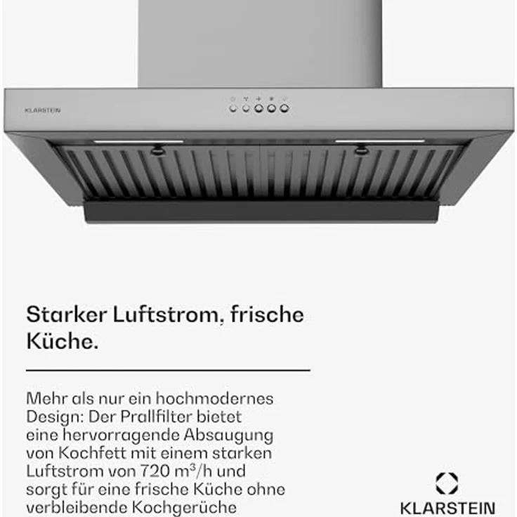 Klarstein AeroClean Dunstabzugshaube 60 cm, Wandhaube mit Boost-Modus 721 m³/h, A++ Energieeffizienz, LED-Beleuchtung 3800-4200 K, Edelstahl, Abluft & Umluft – Bild 2