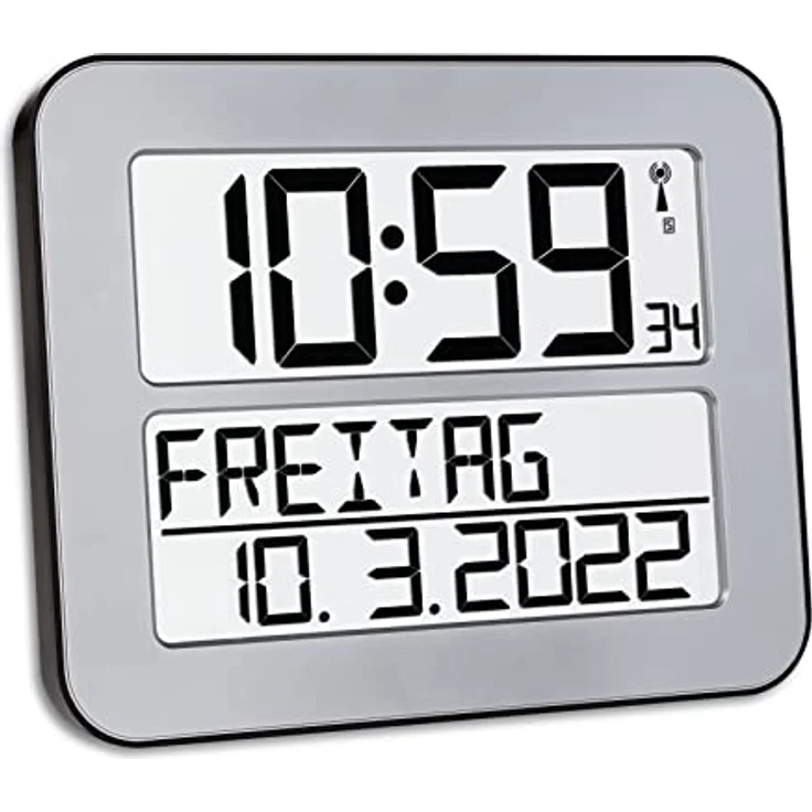 TFA Dostmann TimeLine Max Funkuhr, Wanduhr, digital, mit Wochentag und Weckfunktion, Silber, 60.4512.54,L 258 x B 30 (120) x H 212 mm – Bild 1