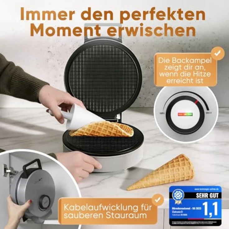 Clatronic HA 3833 Hörncheneisen, Eiswaffeleisen mit Antihaftbeschichtung, stufenlosem Bräunungsregler und Hörnchenkegel, 1200W, große Backfläche – Bild 5