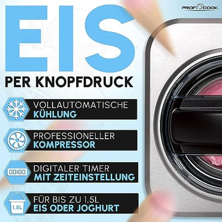 ProfiCook® Eismaschine und Joghurtbereiter | Eis in 20 min. | für bis zu 1500ml | Eismaschine mit Kompressor | für Eis & Frozen Joghurt | Inkl. Rezeptvorschläge, Spachtel und Messbecher | PC ICM 1268 – Bild 4