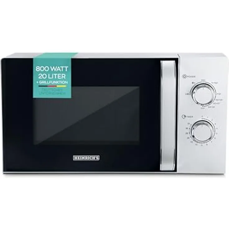 HEINRICHS Mikrowelle, kompakte Mikrowelle, 20L Volumen, 9 Leistungsstufen, inkl.35min.Timer, Defrost Funktion, Innenraumbeleuchtung, 360°Drehteller mit Grillfunktion, 800W Leistung, Heinrich´s(silber)