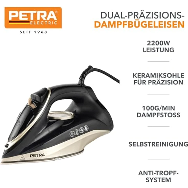 Petra PF01480VDE Dampfbügeleisen, 2200W mit dualer Keramiksohle, kontinuierlicher Dampffunktion und 230 ml Wassertank, Schwarz und Bronze – Bild 2