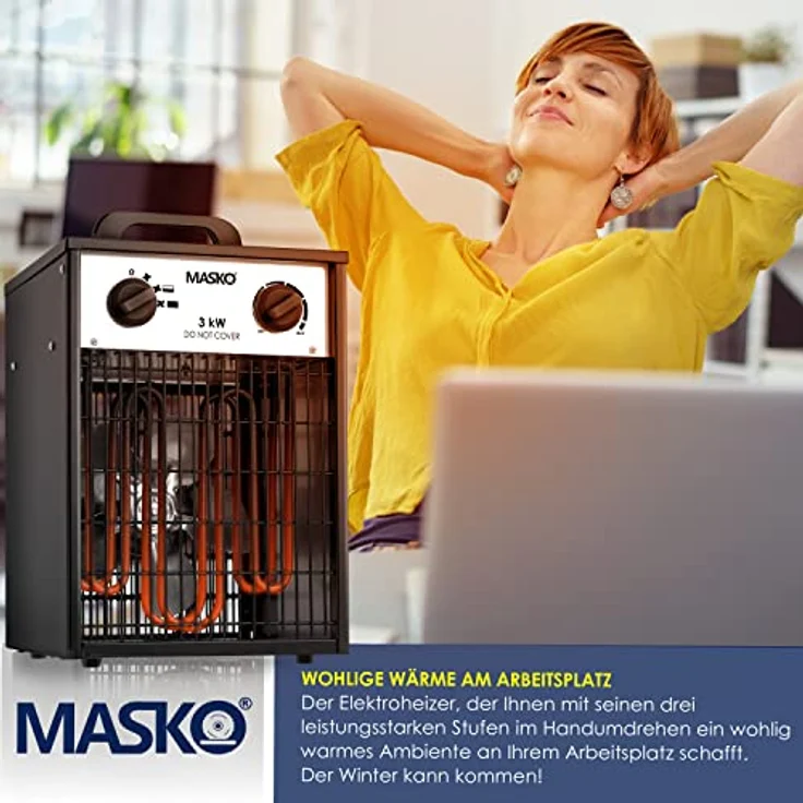 Masko® Elektroheizer Heizlüfter Bauheizer 3 KW mit integriertem Thermostat elektrisch Heizgerät 3000 Watt 3 Heizstufen Heizgebläse für Innen- und Außeneinsatz Überlastschutz Elektroheizgebläse Weiß – Bild 3