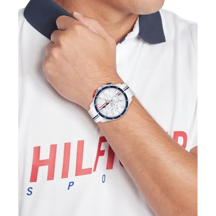 Tommy Hilfiger Chronograph Herren Quarz Uhr mit blauem Aluminium-Lünettenring, rotem Drückerschutz und weißem Silikonarmband, wasserfest bis 5 ATM – Bild 4