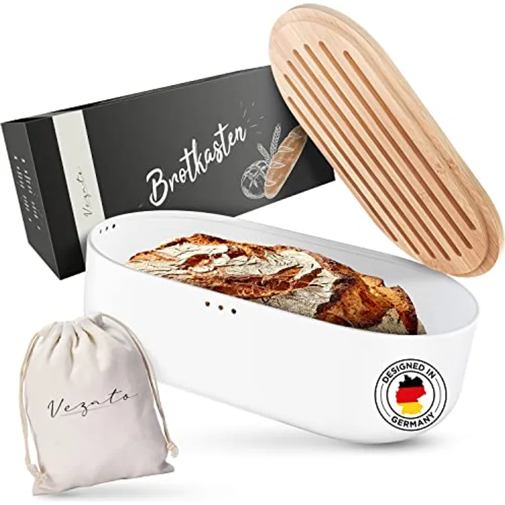 Vezato Brotbox – Nachhaltiger Brotkasten für lange Frische – Extra großer Brotkorb mit Bambusdeckel & Schneidebrett – Nachhaltiger Brotbehälter inkl. Brotsack