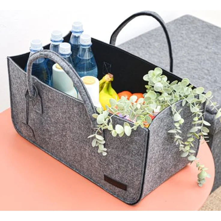 DuneDesign XXL Filztasche für Einkauf und Kaminholz, bis 25kg belastbar, 50x25x25 cm, grau und schwarz, mit stabilen Griffen und Schlüsselband – Bild 4