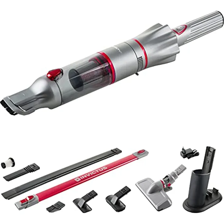 Genius A82124, Invictus One 2.0 Handstaubsauger + Bodenstaubsauger 15-TLG rot-Handsauger beutellos & kabellos mit 13000PA | 2X HEPA Filter, Lithium Ionen Akku, Zusatz Bürsten-Set, 90 W, 76 Dezibel