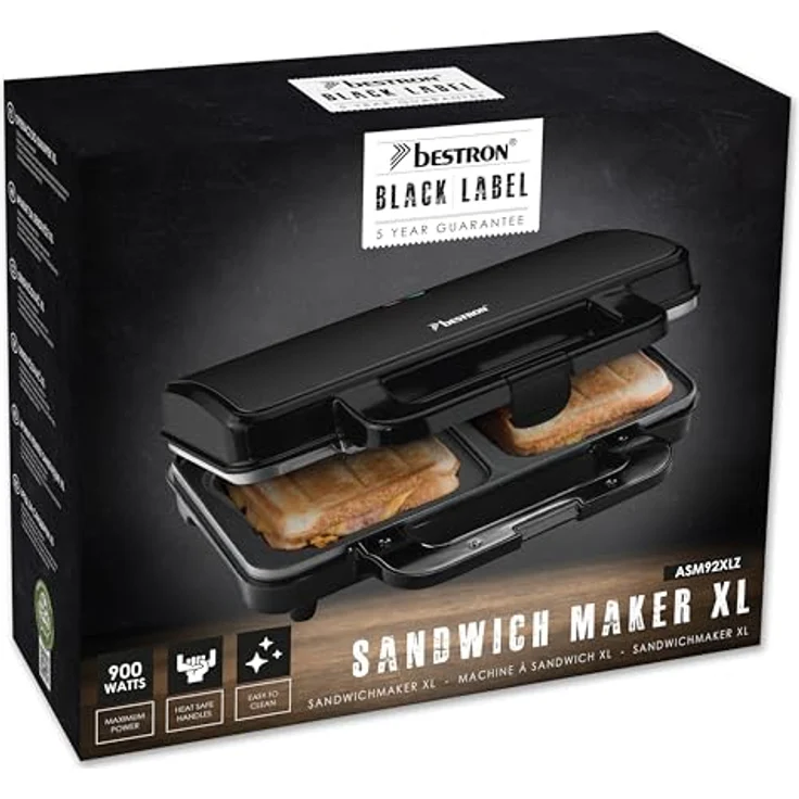 Bestron Sandwichmaker ASM92XLZ, 900 W, XXL für 2 American Sandwiches, schwarz, mit Antihaftbeschichtung und automatischer Temperaturregelung – Bild 7