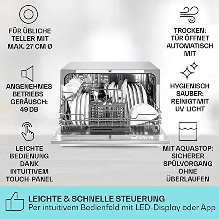 Klarstein Havasia UV 6 silber, Tischgeschirrspüler, E, Geräuschemissionsklasse C, Geräuschemissionen 49 Dezibel – Bild 3