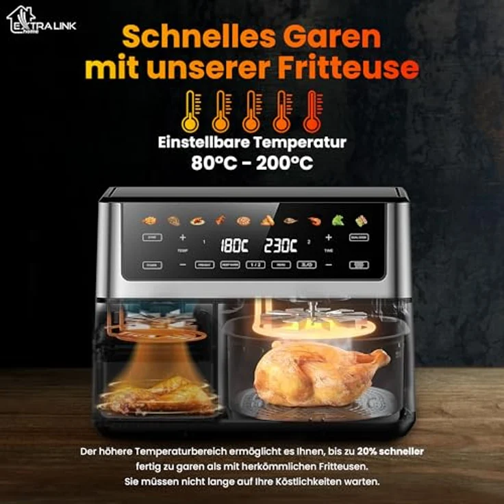 Extralink 2500W Airfryer 10L (6.5L + 3.5L), Heißluftfritteuse Doppelkammer mit 8 Kochfunktionen, LED-Touchscreen, 80°C bis 200°C, 90% weniger Fett – Bild 5
