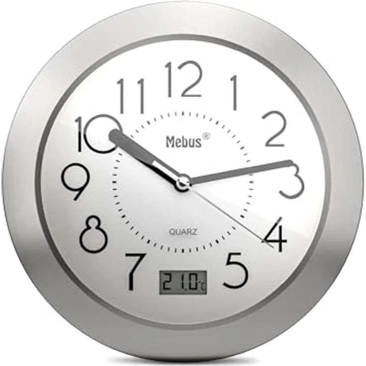 Mebus Quarz-Badezimmeruhr Modell 41964, Digitale Anzeige, Aluminiumrahmen, Wasserdicht, weiße Ziffern – Bild 1