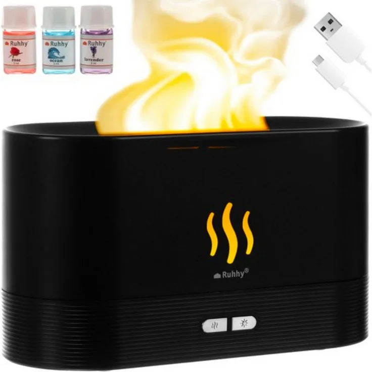 Ruhhy 3-in-1 Luftbefeuchter Aromadiffusor mit RGB-LED-Lampe und Feuereffekt, schwarz, 0,18 l Wassertank