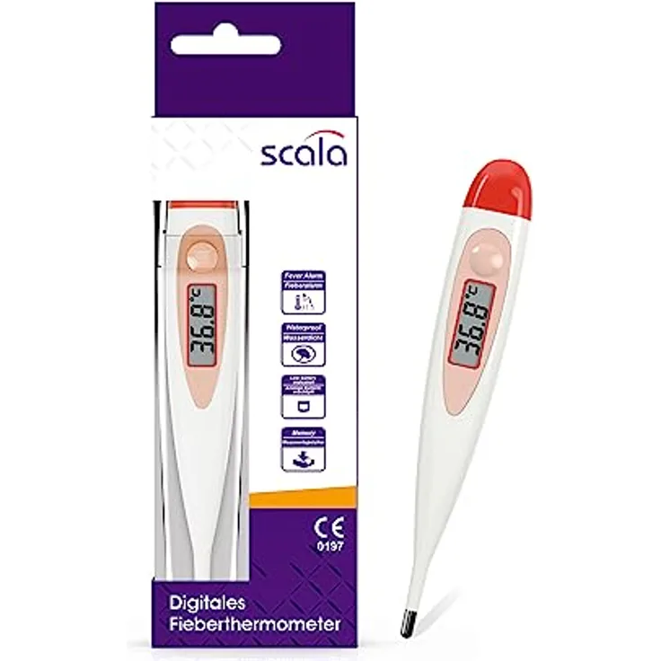 scala Digitales Fieberthermometer SC 17 rot wasserdicht mit Fieberalarm, 1er Pack