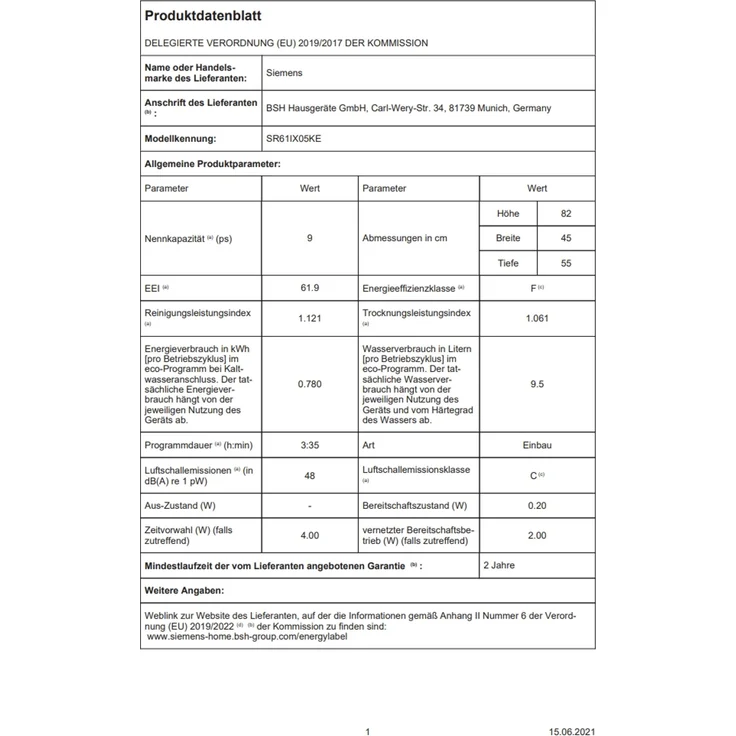 Siemens SR61IX05KE, Geschirrspüler, F, Geräuschemissionsklasse C, Geräuschemissionen 48 Dezibel – Bild 9
