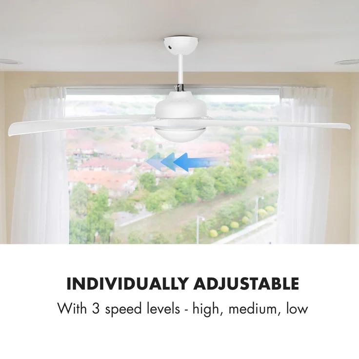 Figo Deckenventilator | 2-in-1: Ventilator & Deckenlampe | Ø 52 Zoll (132 cm ) | 3 Flügel | 10.039 m³/h | 2 Laufrichtungen | 3 Geschwindigkeiten | max. 51 dB | Fernbedienung Weiss – Bild 5