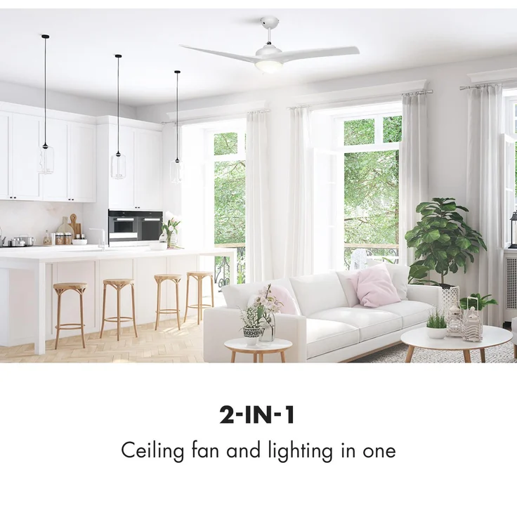 Figo Deckenventilator | 2-in-1: Ventilator & Deckenlampe | Ø 52 Zoll (132 cm ) | 3 Flügel | 10.039 m³/h | 2 Laufrichtungen | 3 Geschwindigkeiten | max. 51 dB | Fernbedienung Weiss – Bild 2