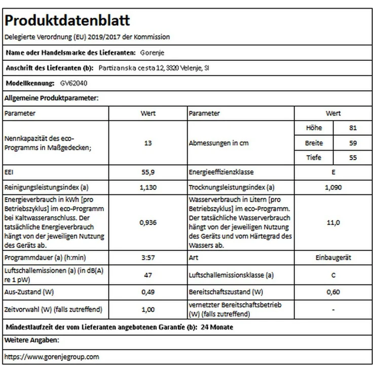 Gorenje GV62040, Geschirrspüler, E, Geräuschemissionsklasse C – Bild 6