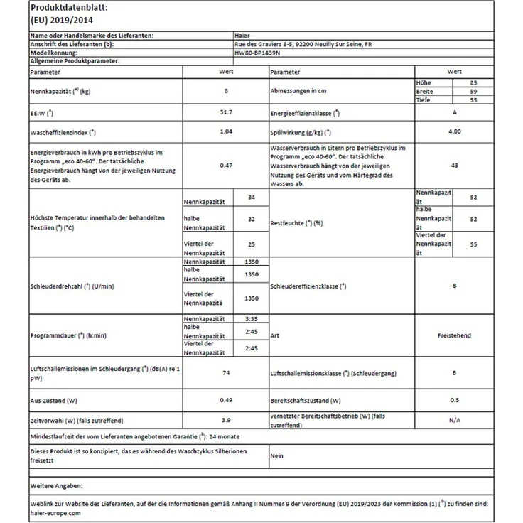 Haier HW80-BP14636N, Frontlader-Waschmaschine, A, Fassungsvermögen 8 kg, Standgerät, Breite 59 cm, Dampf-Funktion, Startzeitverzögerung – Bild 9