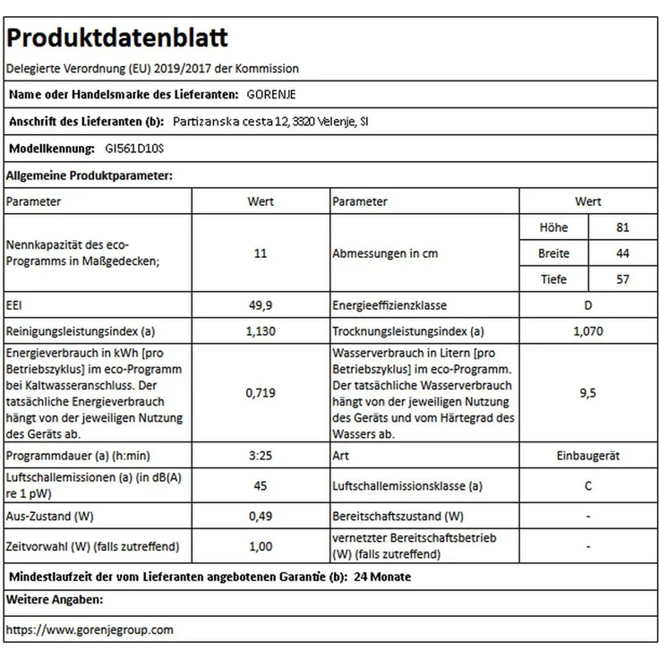 Gorenje GI561D10S, Geschirrspüler, D, Geräuschemissionsklasse C, Geräuschemissionen 45 Dezibel – Bild 6