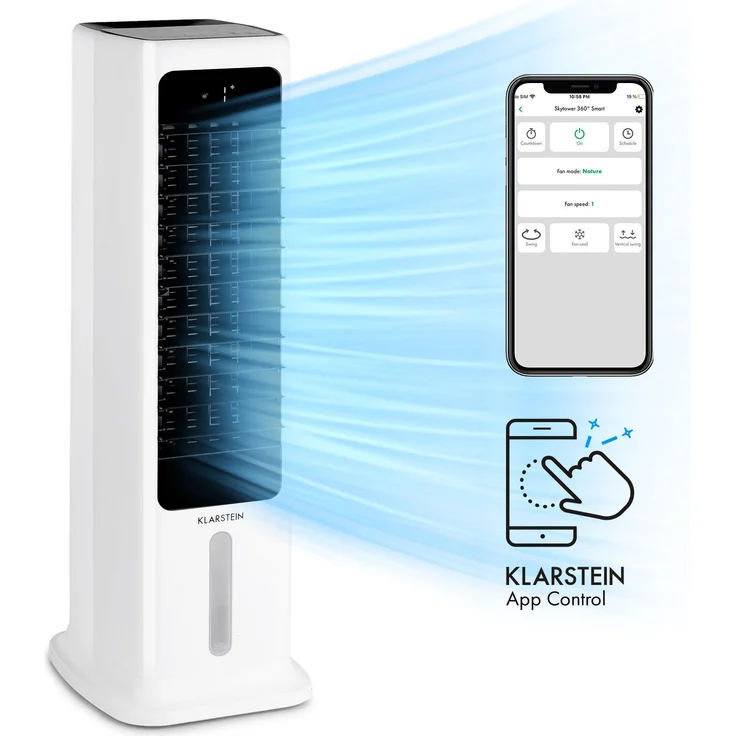 Klarstein 10035818 Skytower 360° Smart Luftkühler 60W 450 m³-h 6 Liter mobil, weiß – Bild 1