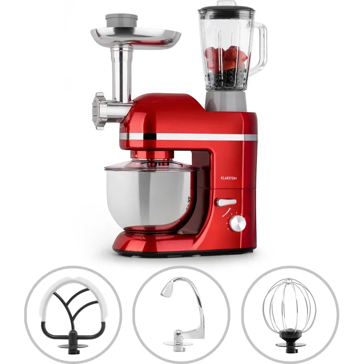 Klarstein Lucia Elegance Küchenmaschine, 1300W, 6 Leistungsstufen, 5 L Schüssel, inkl. Fleischwolf, Patisserie-Set, Plätzchenaufsatz, Pasta-Aufsatz, rot