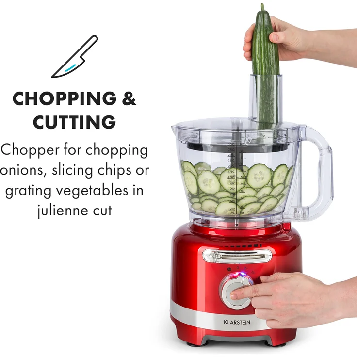 Klarstein Luca Foodprozessor, 1000W, 3L, stufenlose Geschwindigkeit, 6 Modi, rot – Bild 3