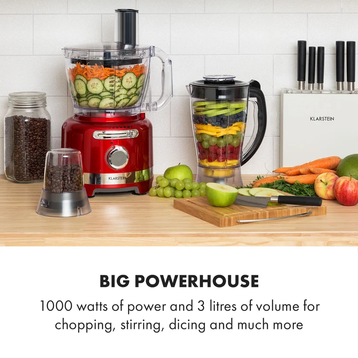 Klarstein Luca Foodprozessor, 1000W, 3L, stufenlose Geschwindigkeit, 6 Modi, rot – Bild 2