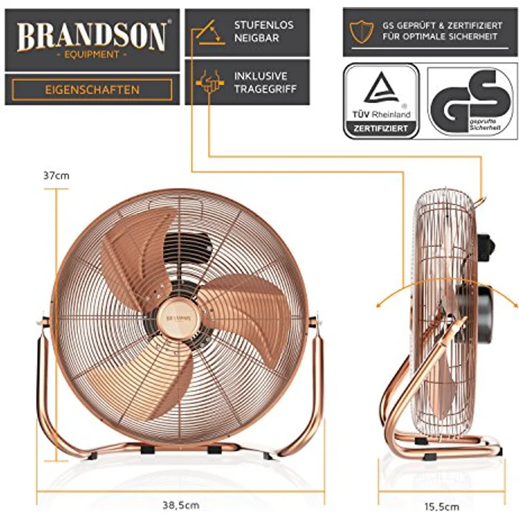 Brandson Windmaschine Retro Stil - Ventilator in Kupfer - Standventilator 30cm - Tischventilator Bodenventilator - hoher Luftdurchsatz - robuster Stand - stufenlos neigbarer Ventilatorkopf - Kupfer – Bild 4