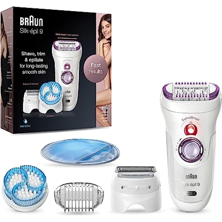 Braun Silk-épil 9 Epilierer Damen für Haarentfernung, Aufsätze für Rasierer, Trimmer, Peeling und Massage für Körper, Tasche, Geschenk Frau, 9-735, weiß/lila – Bild 1