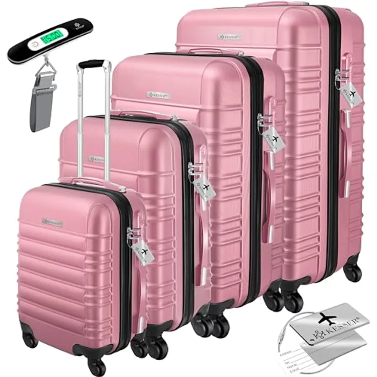 KESSER® 4tlg. Hartschalenkofferset Hard Shell Basic Hartschalenkoffer Trolley Koffer Reisekoffer Reisekofferset Gepäck Rollkoffer Schloss 4 Rollen ABS-Hartschale Teleskopgriff S-M-L-XL Rosa