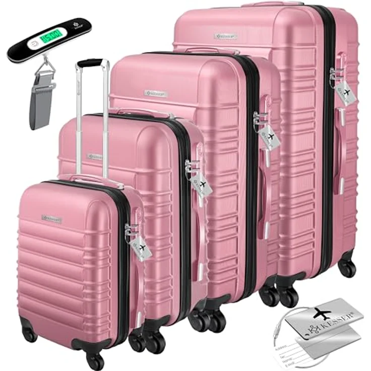 KESSER® 4tlg. Hartschalenkofferset Hard Shell Basic Hartschalenkoffer Trolley Koffer Reisekoffer Reisekofferset Gepäck Rollkoffer Schloss 4 Rollen ABS-Hartschale Teleskopgriff S-M-L-XL Rosa – Bild 1