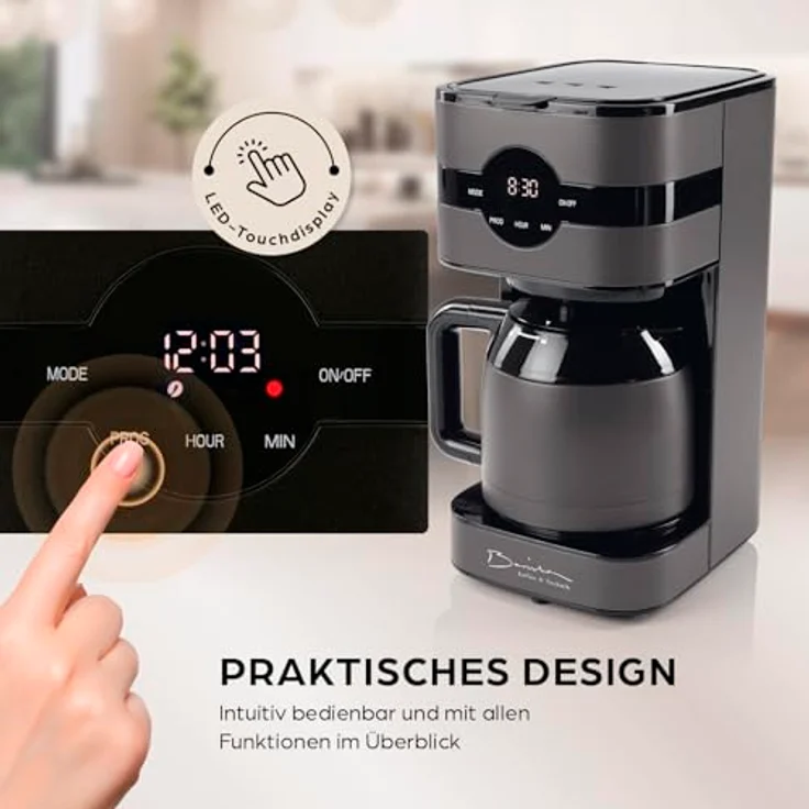 Barista Filterkaffeemaschine Touch Iso, Edelstahl-Isolierkanne mit Digitaldisplay, Timerfunktion und Permanentfilter, 900W, für 8 Tassen Kaffee, 1,25 Liter – Bild 4