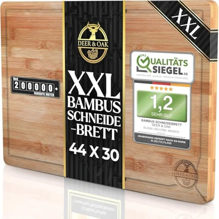 Deer & Oak XXL Bambus Schneidebrett 44x30x2cm, Vorgeölt & Wasserabweisend, Hygienisch und Messerfreundlich für Fleisch, Gemüse & Brot – Bild 1