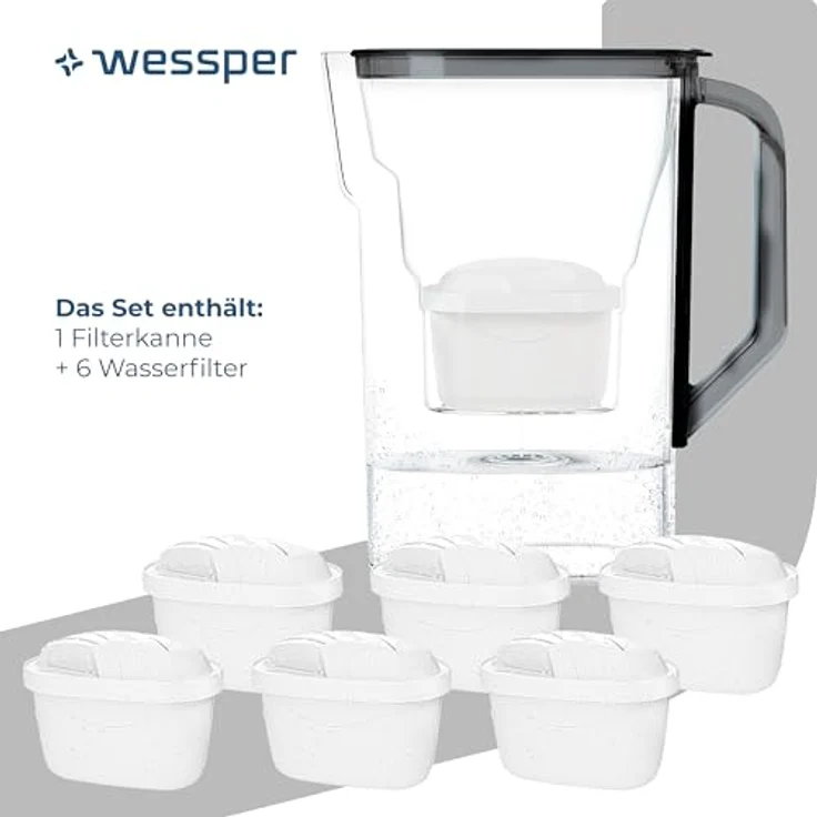Wessper Wasserfilter Kanne 2,7L für Kühlschranktür mit 6 Aktivkohlefiltern, schwarz – Bild 2