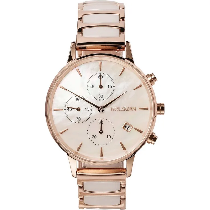 Holzkern Quarzuhr Chronograph Shiny Perlmutt/Keramik, Datumsanzeige, roségoldfarbenes Edelstahlgehäuse, wasserdicht bis 5 bar, 36 mm
