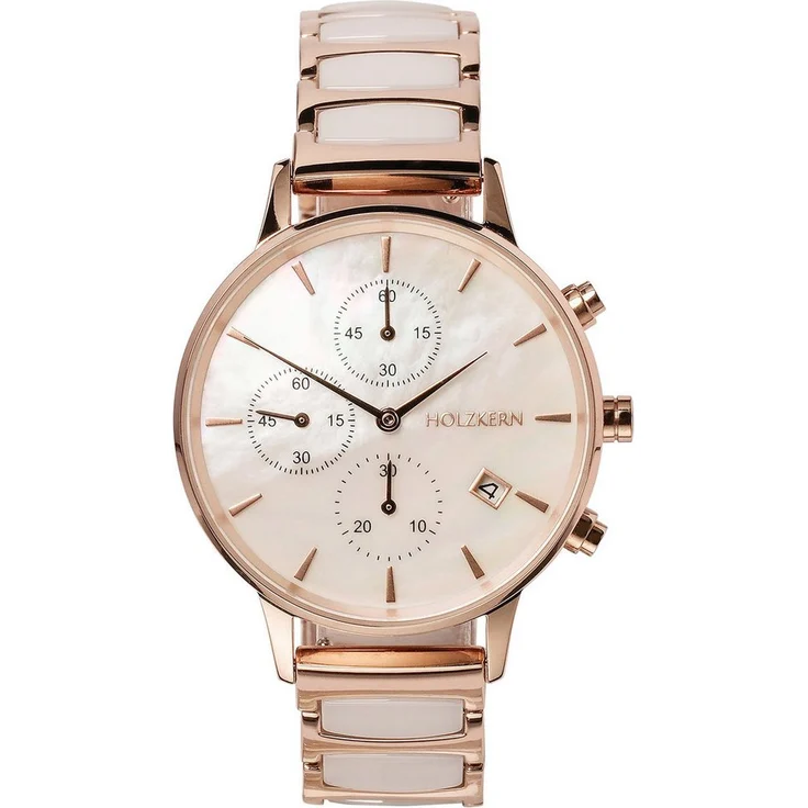 Holzkern Quarzuhr Chronograph Shiny Perlmutt/Keramik, Datumsanzeige, roségoldfarbenes Edelstahlgehäuse, wasserdicht bis 5 bar, 36 mm
