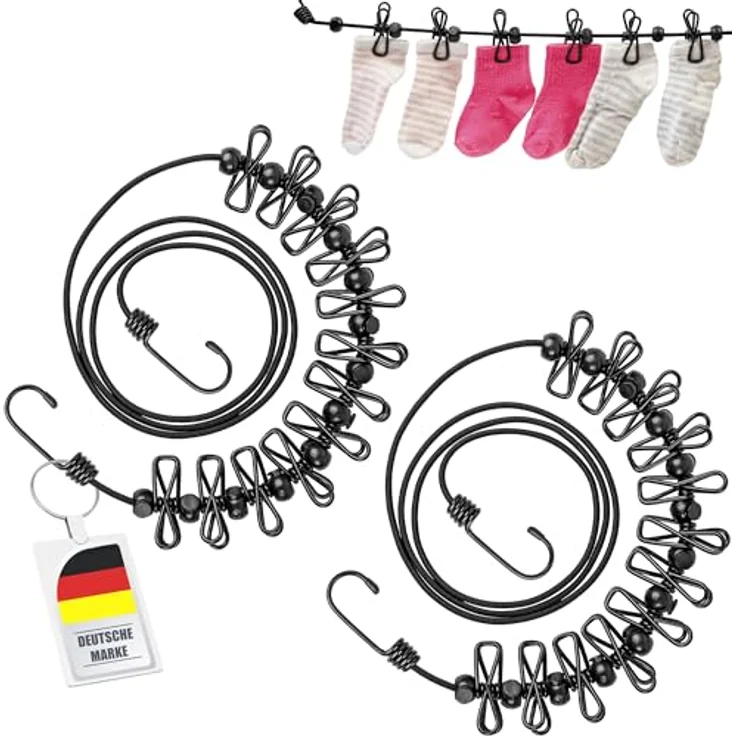 ECENCE 2X Wäscheleine Camping mit 12 Klammern Schwarz, ausziehbar und tragbar – Bild 1