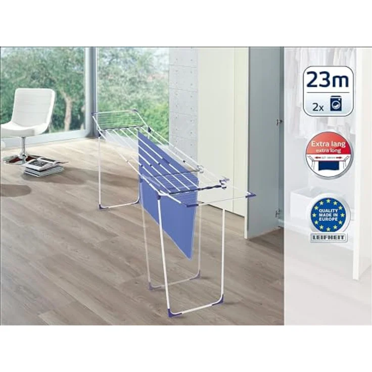 Leifheit Wäscheständer Classic Extendable 230 Solid, auf eine Breite von 184 cm ausziehbar, Standtrockner mit 23m Trockenlänge, stabiler Wäschetrockner mit extradicken XL-Stäben, weiß, blau – Bild 4