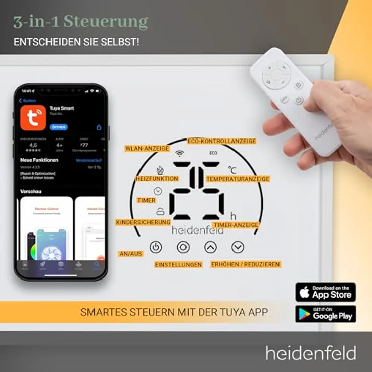 Heidenfeld Infrarotheizung HF-HP140 | 300 Watt bis 10 m² | 3in1 Steuerung via App | Mobile Elektroheizung | Infrarot Heizkörper mit Thermostat (HF-HP140 300 Watt) – Bild 4