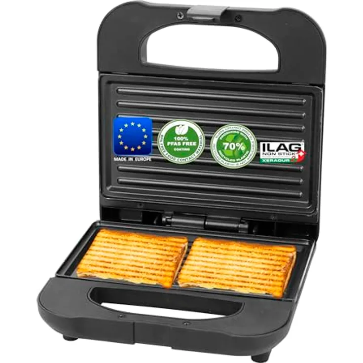 Emerio Sandwichmaker Paninigrill | MADE IN EUROPE | BPA- & PFAS-freie Antihaftbeschichtung von ILAG (Xeradur 2) | 700W | nachhaltig | 70% recycelter Kunststoff | ST-130038