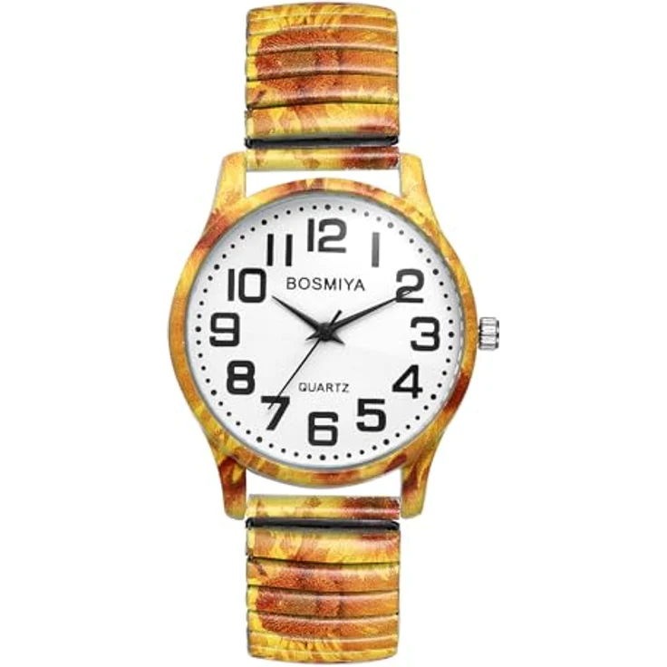 JewelryWe Damenuhr Boho Sonnenblumen, Elastische Armbanduhr im Bohemian Hippie Stil mit großem Ziffernblatt, Edelstahl Stretcharmband, Analog Quarzwerk – Bild 1