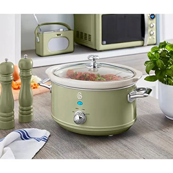 Swan Retro SF17021GNEU Slow Cooker 3,5L Abnehmbarer Kochbehälter, PFOA- und PTFE-freier Keramischer Antihaft-Behälter, 3 Temperaturstufen, Glasdeckel, Vintage-Design, Grün, 200W – Bild 2