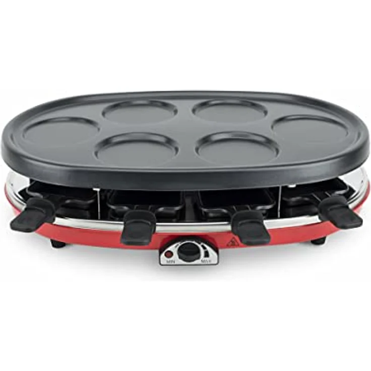 H.Koenig RP418 Raclette-Gerät 4 in 1 - 8 Personen - Raclette, Natursteingrill, Crepe-Platte und Grillplatte - mit 8 Pfännchen - 1500 W - schwarz-rot – Bild 4