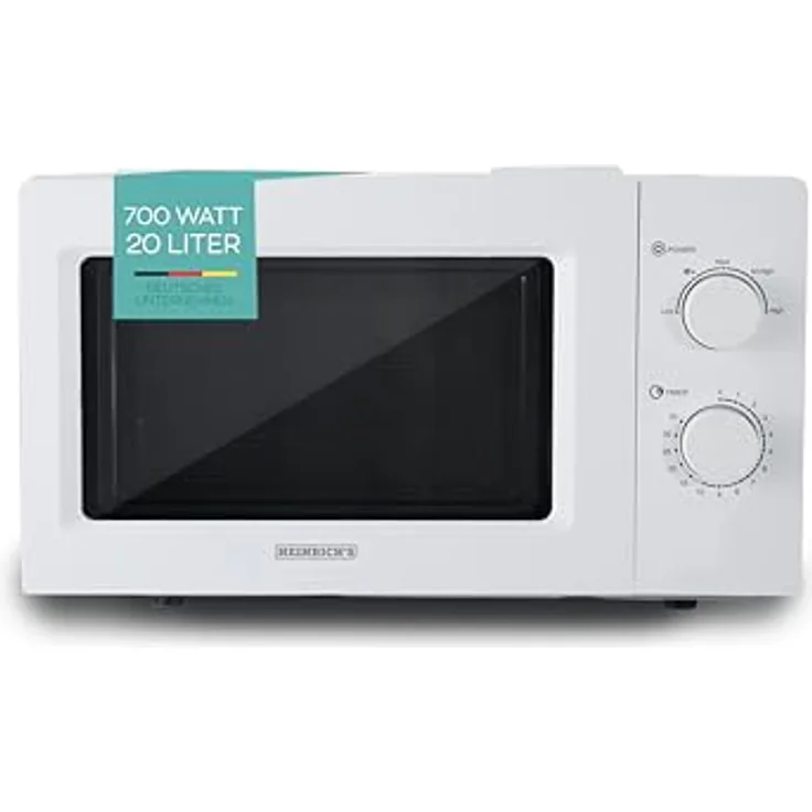 HEINRICHS Mikrowelle, kompakte Mikrowelle, 20L Volumen, 5 Leistungsstufen, inkl.35 min. Timer, Defrost Funktion, Innenraumbeleuchtung, 360° Drehteller, Zwei Drehregler, Weiß, 700W Leistung, Heinrich´s