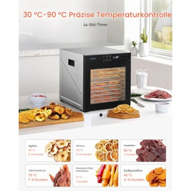 VEVOR Dörrautomat, elektrisches Dörrgerät mit 10 Edelstahlschalen, 1000 W, einstellbare Temperatur von 37,4 °C bis 77 °C, Sichtfenster, für Trockenfleisch, Obst, Gemüse und Kräuter – Bild 5