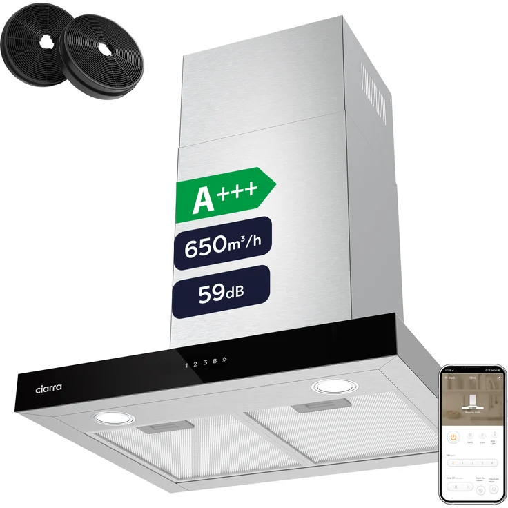 Ciarra VMS6102, A+++ Dunstabzugshaube 60cm mit 650 m³/h, WiFi & App Steuerung, Touch Control, Edelstahl