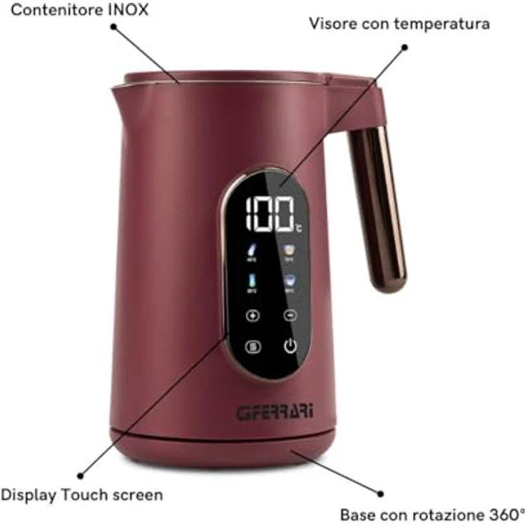 G3 Ferrari G10205 Wasserkocher "Tisaniere Tech", 1,7 Liter, 4 Programme, Touchscreen-Display, Edelstahl, einstellbare Temperatur 40-100 °C, 360 °C drehbare Basis – Bild 3