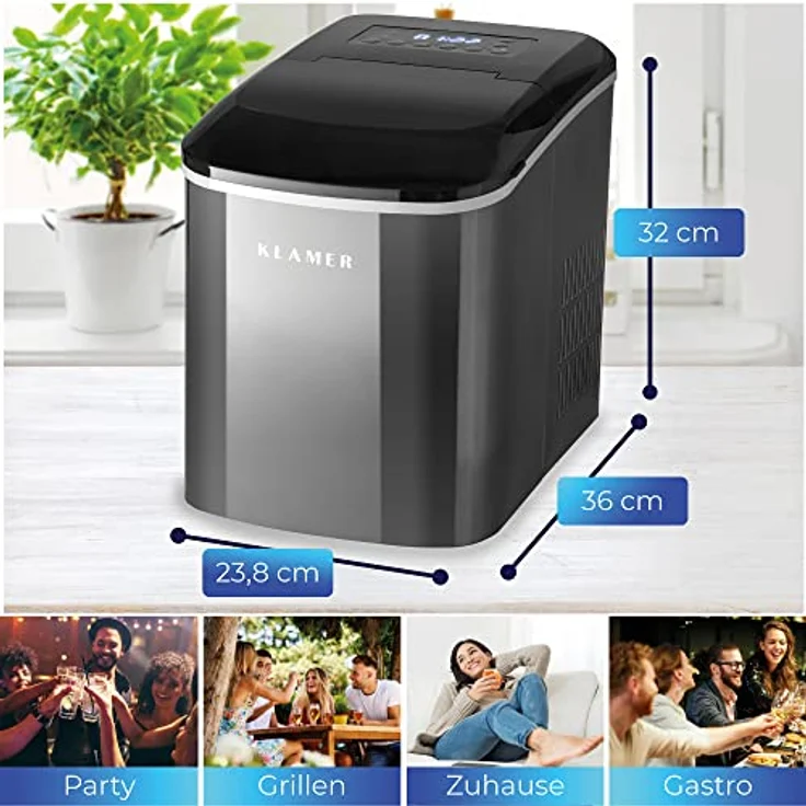 KLAMER Eiswürfelmaschine (2023), 10 Eiswürfel in 7-9 Minuten, 15 kg Eiswürfel pro Tag, 2 Eiswürfelgrößen, 2,1 L Wassertank, 120 W Ice Maker mit Timer, Leiser Eiswürfelbereiter mit Eisschaufel – Bild 3