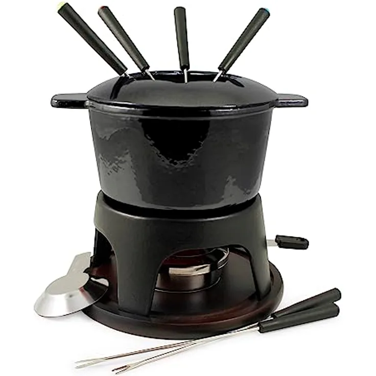 Swissmar F66708 Sierra Fondue Set 11-teiliges, Gusseisen/Edelstahl, Metallisches Schwarz, 1.6L, Fondue-Set für Fleisch, Käse und Schokolade, für 4 Personen, Geschenkset