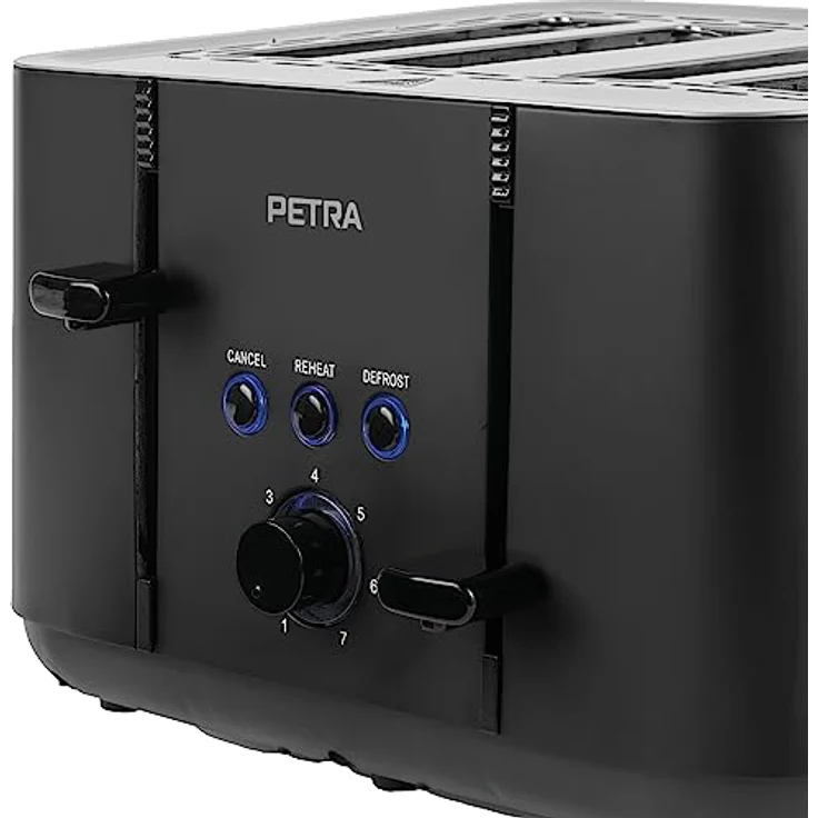 Petra PT5565MBLKVDE 4-Toastschlitze Toaster – selbstzentrierende Toastkammern für die Brotführung, Anti-stau-Funktion, 7 Stufen, Auftauen/Wiedereinsetzen/Abbrechen, Krümelschublade, 1850W, Schwarz – Bild 4